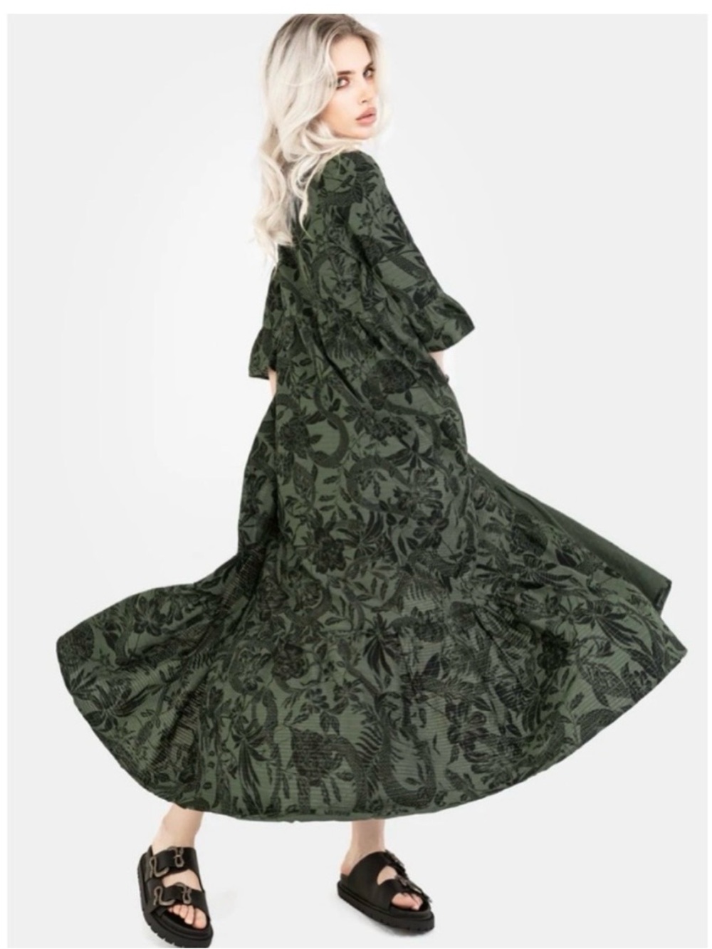 Disturbia Bashe Cotton Midaxi Shirt Dress Olive Green Floral Snake - Picture 2 of 6
